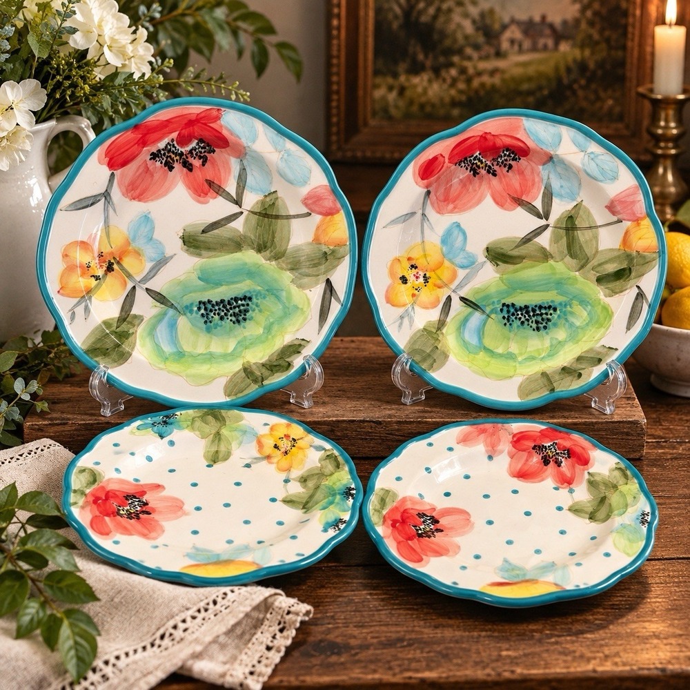 Pioneer Woman Floral Dinner Salad Plates Set of 4 Scalloped Turquoise Rim